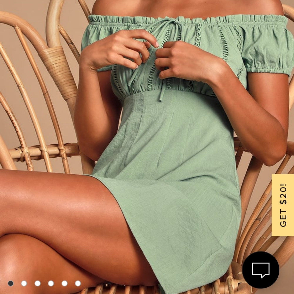 Wisteria Sage Green Off the Shoulder Mini Dress